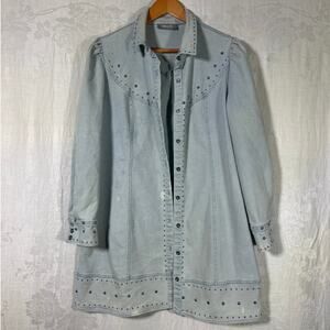 Blue B Jean Jacket Lrg Light Blue Denim Studded Long Puff Sleeve Western Dress
